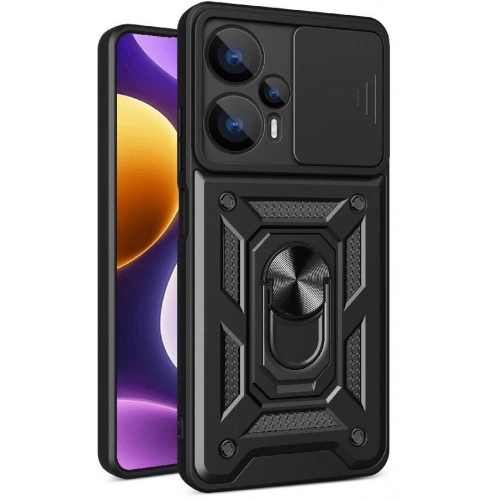 Xiaomi Poco F5 Kılıf Zırhlı Standlı Silikon Sürgülü Kamera Korumalı Tank Kapak - Siyah