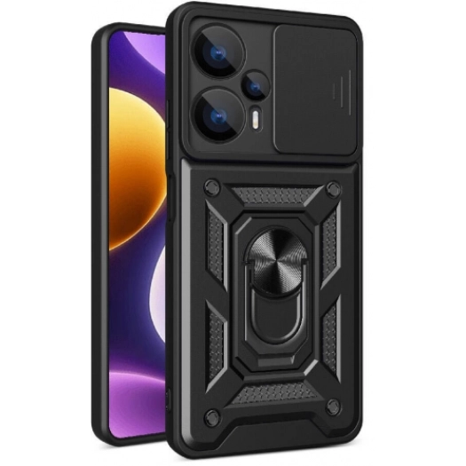 Xiaomi Poco F5 Kılıf Zırhlı Standlı Silikon Sürgülü Kamera Korumalı Tank Kapak - Siyah