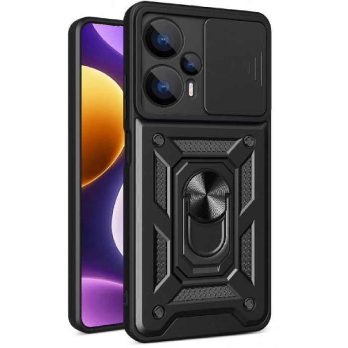 Xiaomi Poco F5 Kılıf Zırhlı Standlı Silikon Sürgülü Kamera Korumalı Tank Kapak - Siyah