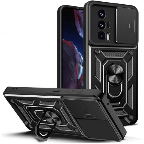 Xiaomi Poco F5 Pro Kılıf Zırhlı Standlı Silikon Sürgülü Kamera Korumalı Tank Kapak - Siyah