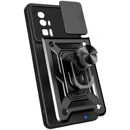 Xiaomi Poco F5 Pro Kılıf Zırhlı Standlı Silikon Sürgülü Kamera Korumalı Tank Kapak - Siyah