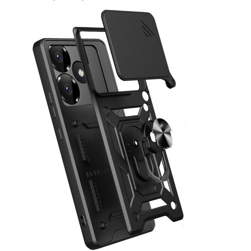 Xiaomi Poco F6 Kılıf Zırhlı Standlı Silikon Sürgülü Kamera Korumalı Tank Kapak - Mavi