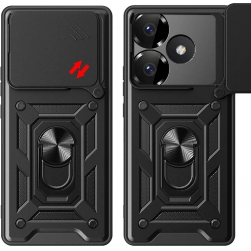 Xiaomi Poco F6 Kılıf Zırhlı Standlı Silikon Sürgülü Kamera Korumalı Tank Kapak - Siyah