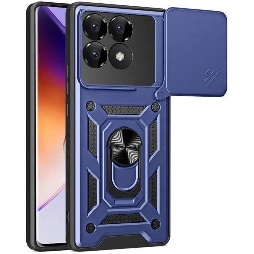 Xiaomi Poco F6 Pro Kılıf Zırhlı Standlı Silikon Sürgülü Kamera Korumalı Tank Kapak - Mavi