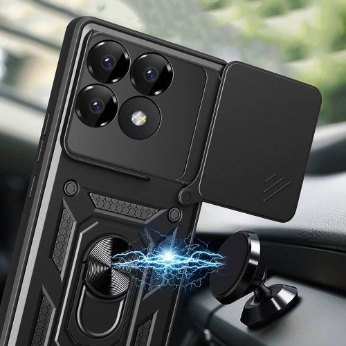 Xiaomi Poco F6 Pro Kılıf Zırhlı Standlı Silikon Sürgülü Kamera Korumalı Tank Kapak - Mavi