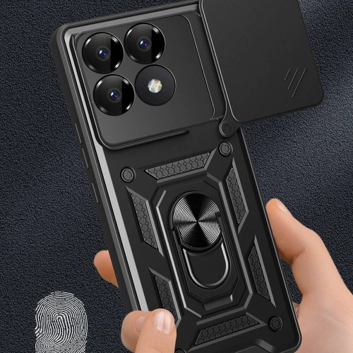 Xiaomi Poco F6 Pro Kılıf Zırhlı Standlı Silikon Sürgülü Kamera Korumalı Tank Kapak - Mavi