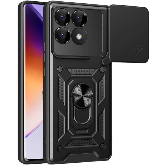 Xiaomi Poco F6 Pro Kılıf Zırhlı Standlı Silikon Sürgülü Kamera Korumalı Tank Kapak - Siyah