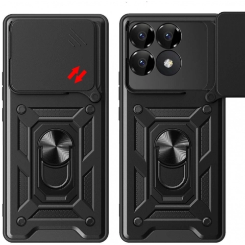 Xiaomi Poco F6 Pro Kılıf Zırhlı Standlı Silikon Sürgülü Kamera Korumalı Tank Kapak - Siyah