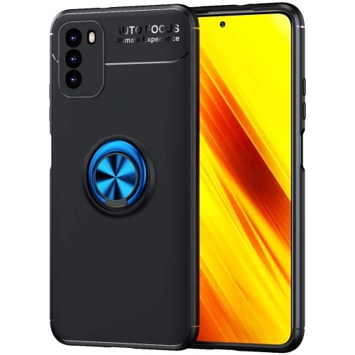 Xiaomi Poco M3 Kılıf Renkli Silikon Yüzüklü Standlı Auto Focus Ravel Kapak - Mavi - Siyah