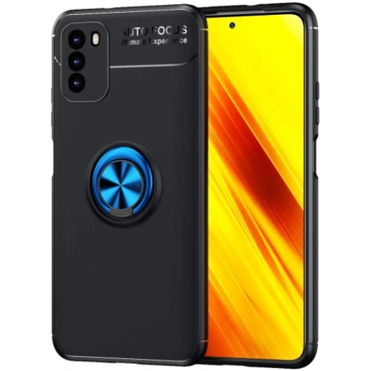 Xiaomi Poco M3 Kılıf Renkli Silikon Yüzüklü Standlı Auto Focus Ravel Kapak - Mavi - Siyah