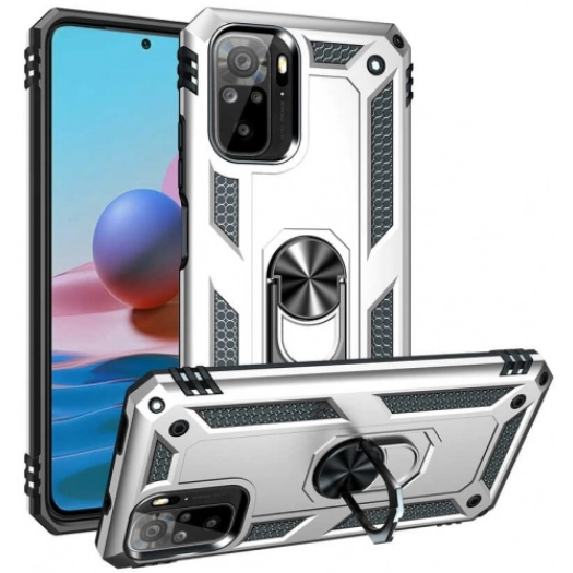 Xiaomi Poco M5s Kılıf Silikon Zırhlı Standlı Yüzüklü Mıknatıslı Tank Kapak - Gümüş