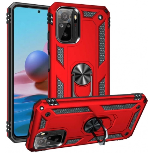 Xiaomi Poco M5s Kılıf Silikon Zırhlı Standlı Yüzüklü Mıknatıslı Tank Kapak - Kırmızı