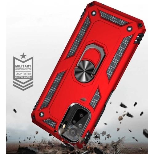 Xiaomi Poco M5s Kılıf Silikon Zırhlı Standlı Yüzüklü Mıknatıslı Tank Kapak - Kırmızı