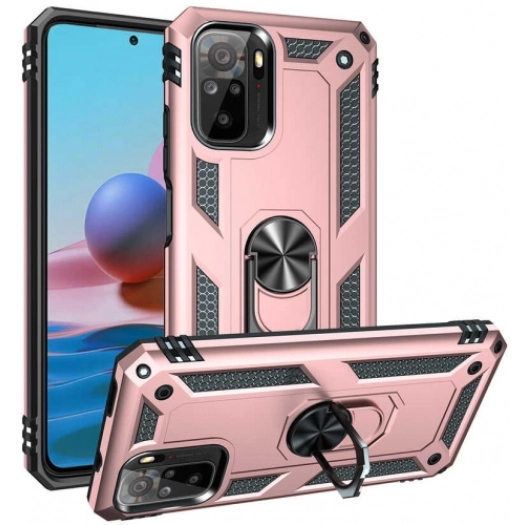 Xiaomi Poco M5s Kılıf Silikon Zırhlı Standlı Yüzüklü Mıknatıslı Tank Kapak - Rose Gold