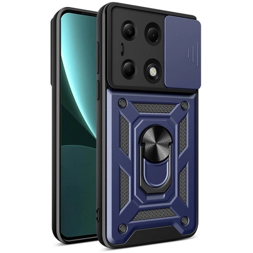 Xiaomi Poco M6 Pro 4G Kılıf Zırhlı Standlı Silikon Sürgülü Kamera Korumalı Tank Kapak - Mavi