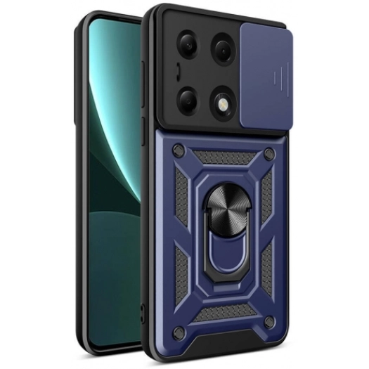 Xiaomi Poco M6 Pro 4G Kılıf Zırhlı Standlı Silikon Sürgülü Kamera Korumalı Tank Kapak - Mavi