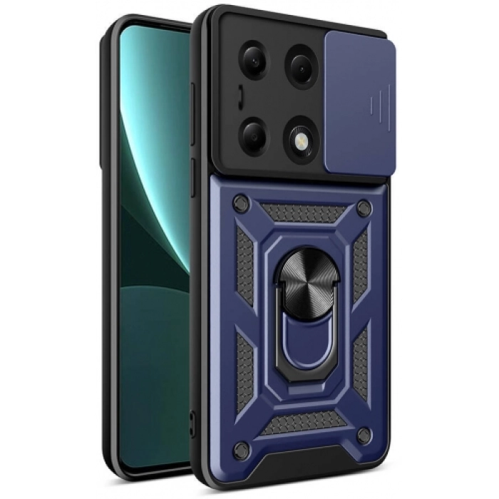 Xiaomi Poco M6 Pro 4G Kılıf Zırhlı Standlı Silikon Sürgülü Kamera Korumalı Tank Kapak - Mavi