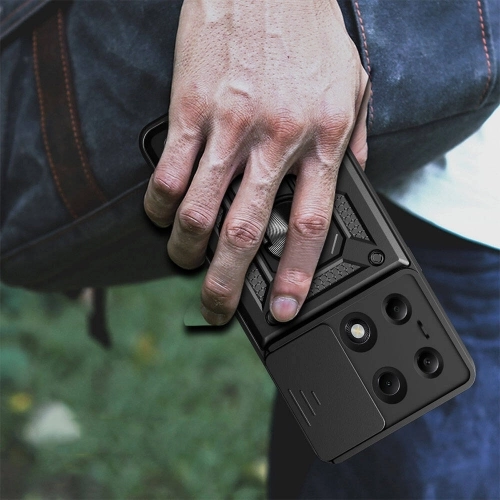 Xiaomi Poco M6 Pro 4G Kılıf Zırhlı Standlı Silikon Sürgülü Kamera Korumalı Tank Kapak - Mavi