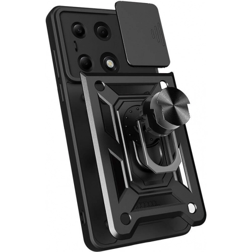 Xiaomi Poco M6 Pro 4G Kılıf Zırhlı Standlı Silikon Sürgülü Kamera Korumalı Tank Kapak - Siyah