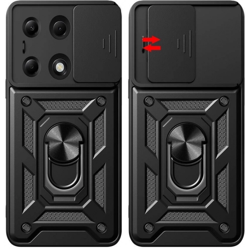 Xiaomi Poco M6 Pro 4G Kılıf Zırhlı Standlı Silikon Sürgülü Kamera Korumalı Tank Kapak - Siyah