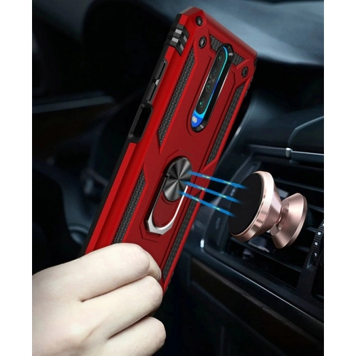 Xiaomi Poco X2 Kılıf Silikon Zırhlı Standlı Yüzüklü Mıknatıslı Tank Kapak - Kırmızı