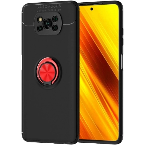 Xiaomi Poco X3 NFC Kılıf Renkli Silikon Yüzüklü Standlı Auto Focus Ravel Kapak - Kırmızı - Siyah