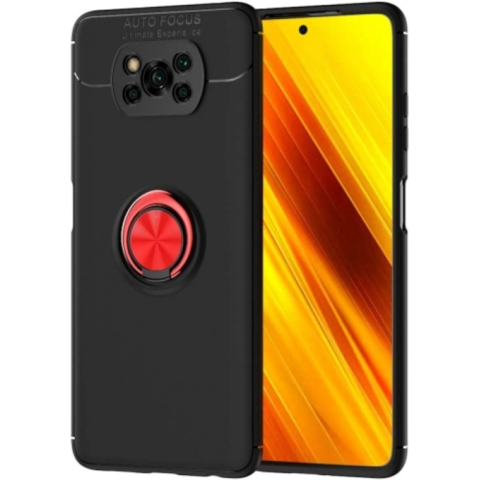Xiaomi Poco X3 NFC Kılıf Renkli Silikon Yüzüklü Standlı Auto Focus Ravel Kapak - Kırmızı - Siyah