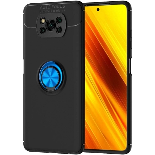 Xiaomi Poco X3 NFC Kılıf Renkli Silikon Yüzüklü Standlı Auto Focus Ravel Kapak - Mavi - Siyah
