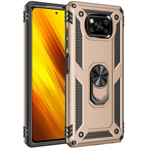 Xiaomi Poco X3 NFC Kılıf Silikon Zırhlı Standlı Yüzüklü Mıknatıslı Tank Kapak - Gold