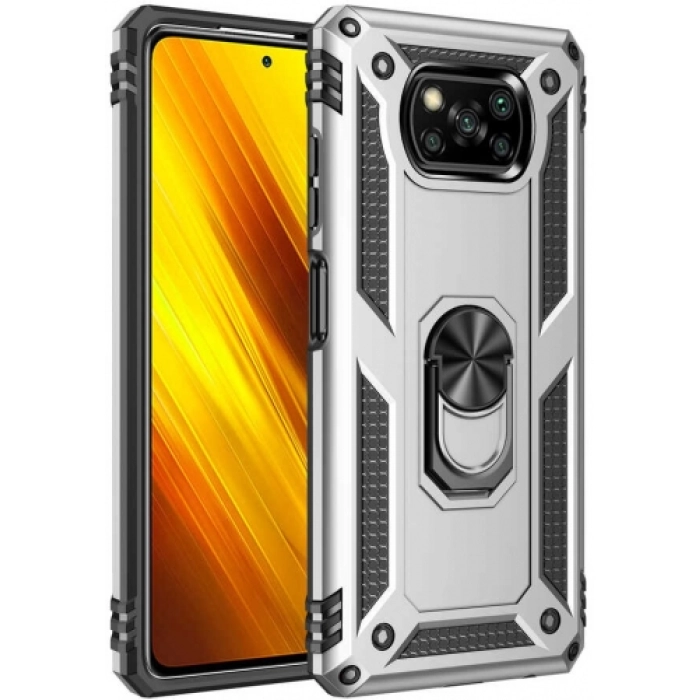 Xiaomi Poco X3 Pro Kılıf Silikon Zırhlı Standlı Yüzüklü Mıknatıslı Tank Kapak - Gri