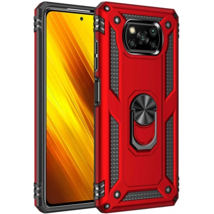Xiaomi Poco X3 Pro Kılıf Silikon Zırhlı Standlı Yüzüklü Mıknatıslı Tank Kapak - Kırmızı