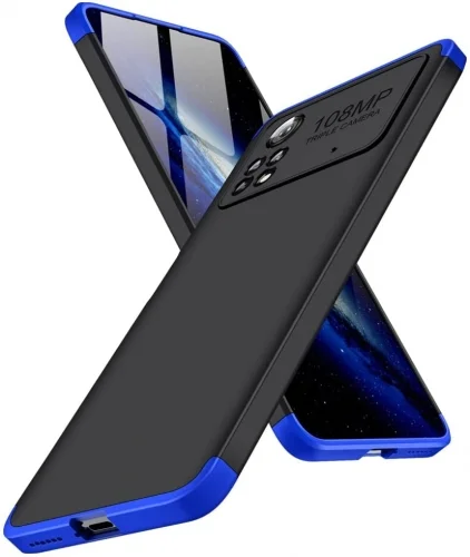 Xiaomi Poco X4 Pro Kılıf 3 Parçalı 360 Tam Korumalı Rubber AYS Kapak - Mavi Siyah