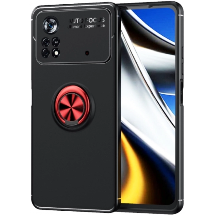 Xiaomi Poco X4 Pro Kılıf Renkli Silikon Yüzüklü Standlı Auto Focus Ravel Kapak - Kırmızı - Siyah