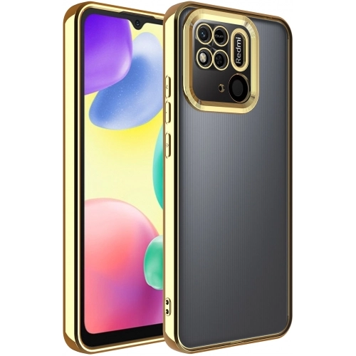 Xiaomi Redmi 10C Kılıf Kamera Lens Korumalı Şeffaf Renkli Logo Gösteren Parlak Kapak - Gold