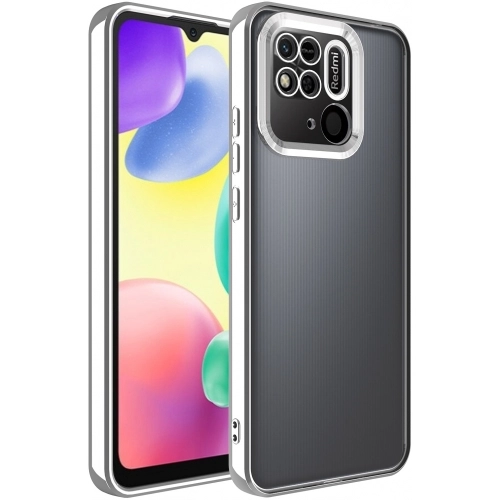 Xiaomi Redmi 10C Kılıf Kamera Lens Korumalı Şeffaf Renkli Logo Gösteren Parlak Kapak - Gümüş