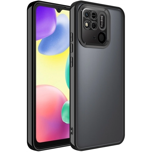 Xiaomi Redmi 10C Kılıf Kamera Lens Korumalı Şeffaf Renkli Logo Gösteren Parlak Kapak - Siyah