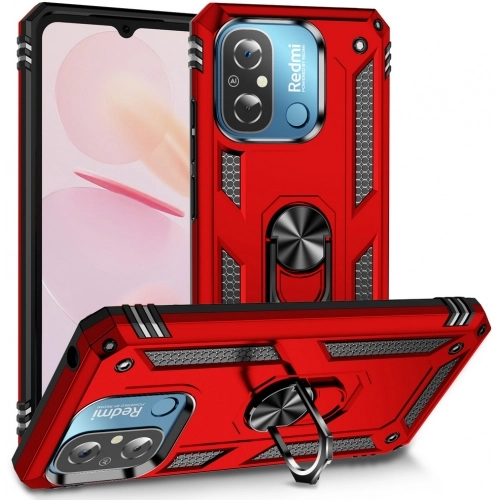 Xiaomi Redmi 12C Kılıf Silikon Zırhlı Standlı Yüzüklü Mıknatıslı Tank Kapak - Kırmızı