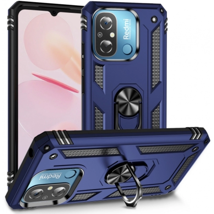 Xiaomi Redmi 12C Kılıf Silikon Zırhlı Standlı Yüzüklü Mıknatıslı Tank Kapak - Lacivert