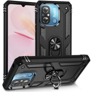 Xiaomi Redmi 12C Kılıf Silikon Zırhlı Standlı Yüzüklü Mıknatıslı Tank Kapak - Siyah