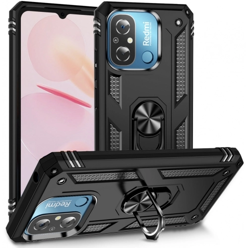 Xiaomi Redmi 12C Kılıf Silikon Zırhlı Standlı Yüzüklü Mıknatıslı Tank Kapak - Siyah