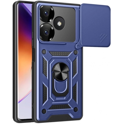 Xiaomi Redmi 13 4G Kılıf Zırhlı Standlı Silikon Sürgülü Kamera Korumalı Tank Kapak - Mavi