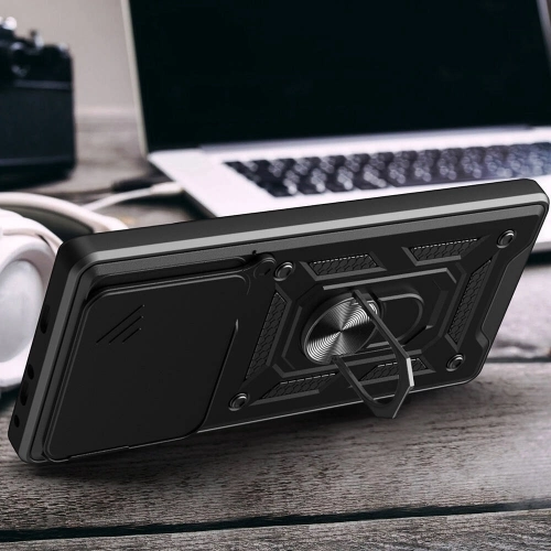 Xiaomi Redmi 13 4G Kılıf Zırhlı Standlı Silikon Sürgülü Kamera Korumalı Tank Kapak - Siyah