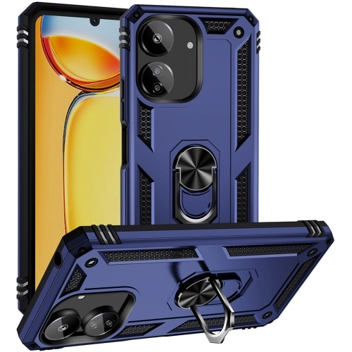 Xiaomi Redmi 13C Kılıf Silikon Zırhlı Standlı Yüzüklü Mıknatıslı Tank Kapak - Mavi