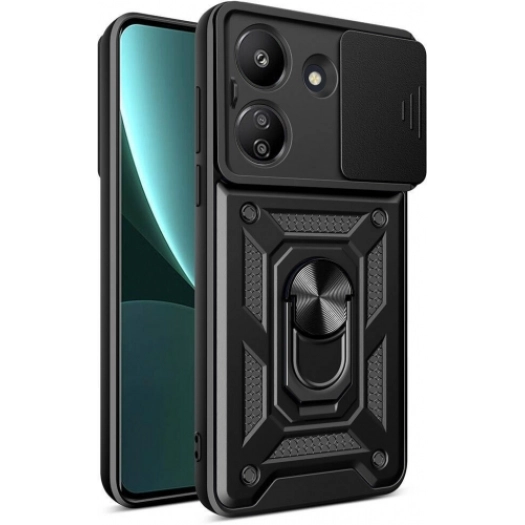 Xiaomi Redmi 13C Kılıf Zırhlı Standlı Silikon Sürgülü Kamera Korumalı Tank Kapak - Siyah