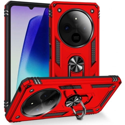 Xiaomi Redmi 14C 4G Kılıf Silikon Zırhlı Standlı Yüzüklü Mıknatıslı Tank Kapak - Kırmızı