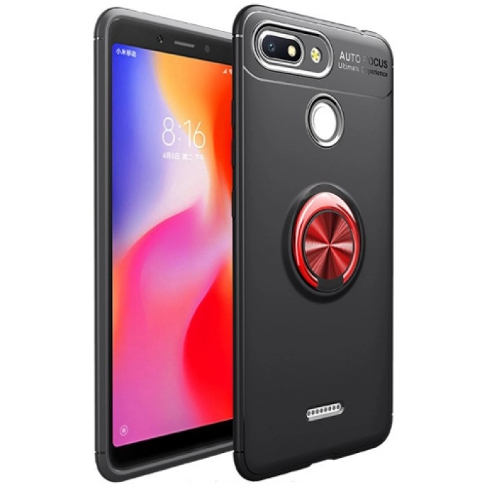 Xiaomi Redmi 6A Kılıf Renkli Silikon Yüzüklü Standlı Auto Focus Ravel Kapak - Kırmızı - Siyah