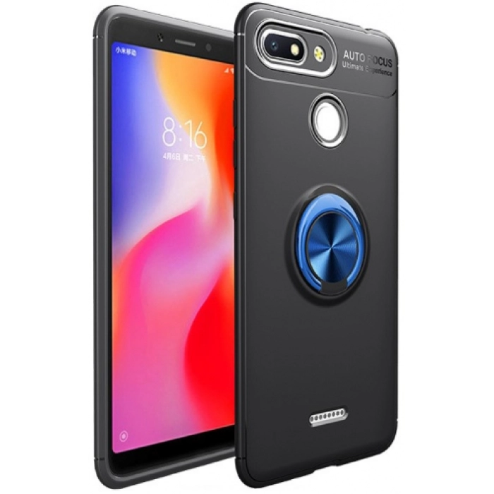 Xiaomi Redmi 6A Kılıf Renkli Silikon Yüzüklü Standlı Auto Focus Ravel Kapak - Mavi - Siyah