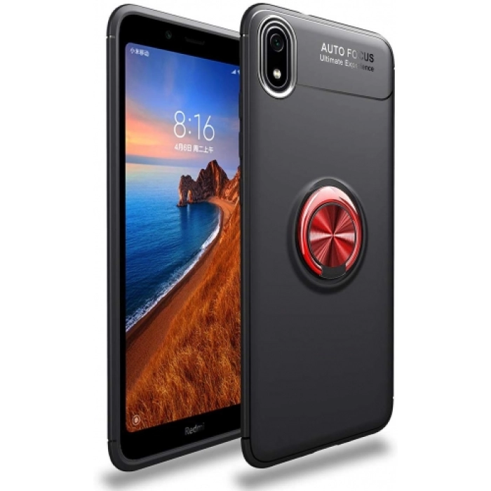 Xiaomi Redmi 7A Kılıf Renkli Silikon Yüzüklü Standlı Auto Focus Ravel Kapak - Kırmızı - Siyah