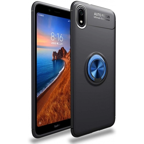 Xiaomi Redmi 7A Kılıf Renkli Silikon Yüzüklü Standlı Auto Focus Ravel Kapak - Mavi - Siyah