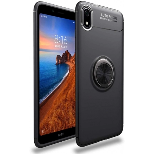Xiaomi Redmi 7A Kılıf Renkli Silikon Yüzüklü Standlı Auto Focus Ravel Kapak - Siyah